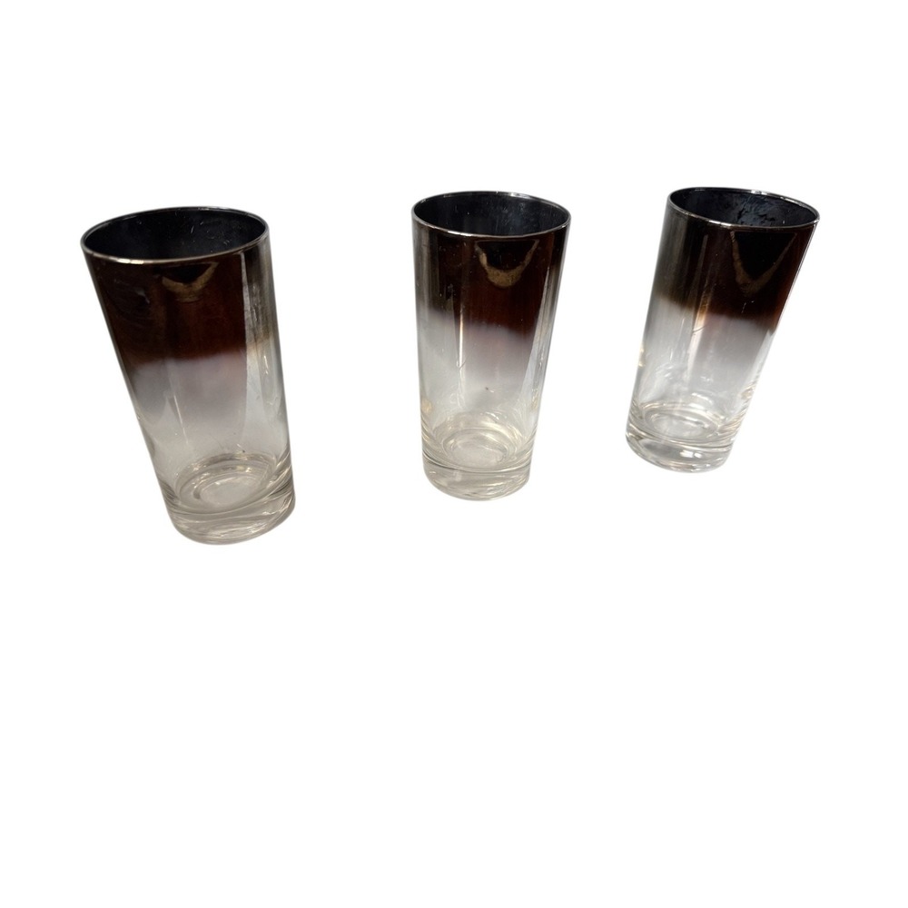 Vintage Smoky Ombre Highball Glasses Lot of 3 Silver Fade Barware Mid-Century